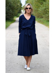 JENNIFER - V-Ausschnitt Baumwolle Midi-Kleid - Navy blau