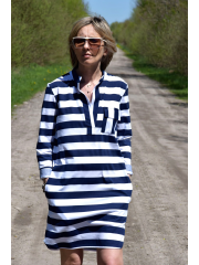SAHARA - cotton dress with a stand-up collar - white and navy blue stripes