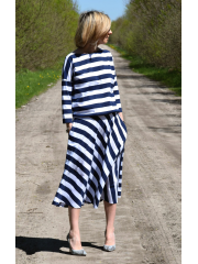 NADIA - cotton midi dress with an elastic waistband - white and navy blue stripes
