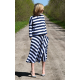 NADIA - cotton midi dress with an elastic waistband - white and navy blue stripes