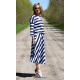 KENIA - V-Ausschnitt Midi-Kleid mit elastischem Bund - weiße und marineblaue Streifen