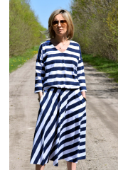 KENIA - V-Ausschnitt Midi-Kleid mit elastischem Bund - weiße und marineblaue Streifen