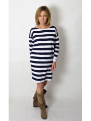 TENSO - long-sleeved cotton dress - white and navy blue stripes