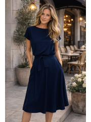 LUCY - Midi Flared cotton dress - navy blue