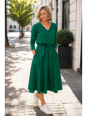 JENNIFER - V-Ausschnitt Baumwolle Midi-Kleid - Grün