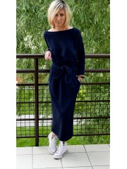 NINA - Cotton maxi belt dress - navy blue