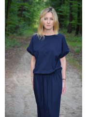 ELIZA - Cotton midi dress with metal eyelets - navy blue