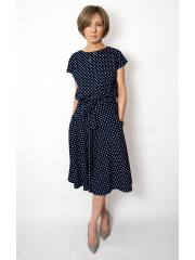 LUCY - Midi Flared cotton dress - navy blue in polka dots