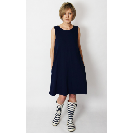TULA - cotton mini dress with pockets - navy blue in polka dots