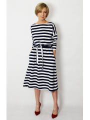 ROSE - Baumwollkleid mit Gürtel - weiße und marineblaue Streifen