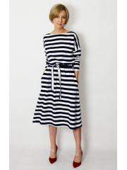 ROSE - cotton dress with belt - white and navy blue stripes