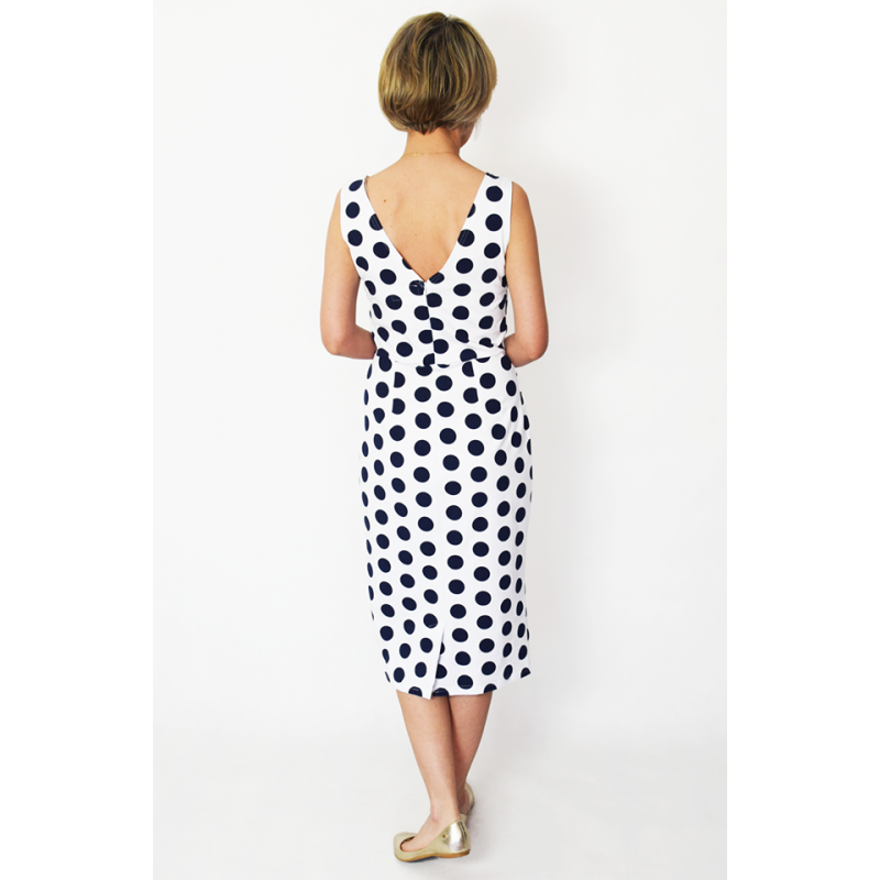 SOFI - Elegante und lange enges Kleid - marineblaue Tupfen ...