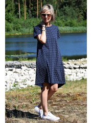 TESSA - A-shaped dress with short sleeves - Navy blue polka dots