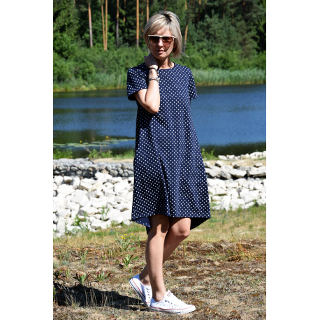 TESSA - A-förmiges Kleid mit kurzen Ärmeln - Marineblaue Tupfen