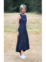 AUDREY - long cotton dress - navy blue polka dots