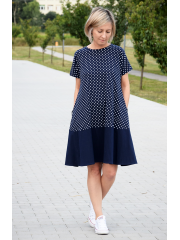 SMILE - trapezoidal dress with short sleeves - navy blue polka dots