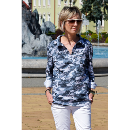 LARISA - cotton blouse with a collar - CAMO FLOWERS